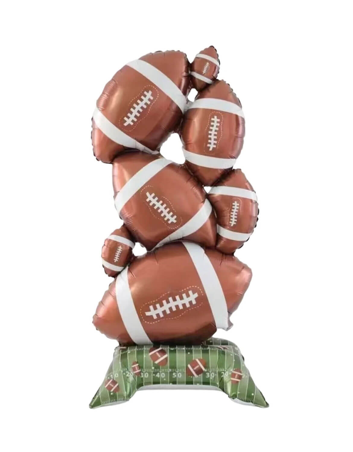 Momo Party's 59" Giant Stacked Footballs Standing Foil Balloon and a Turf Table Stand on a white background.