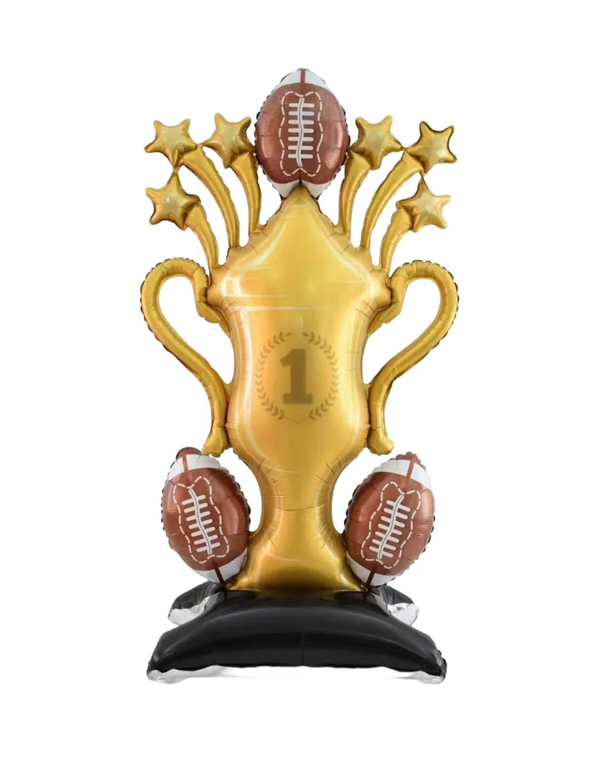 Momo Party's 59" Giant Gold Football Trophy Shaped Standing Foil Balloon with football shaped balloons on a white background.