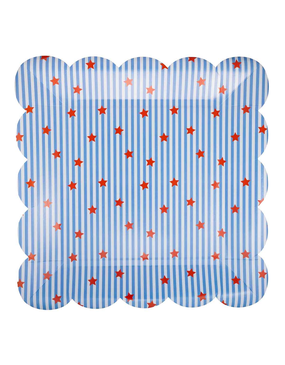 Momo Party's 10" Stripes and Stars Paper Dinner Plate with blue and white striped pattern and red star design on it by My Mind's Eye a white background.