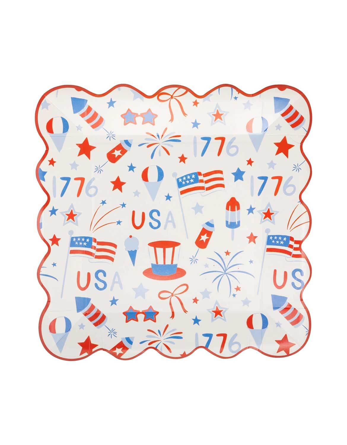 Momo Party's 9" decorative paper plate with 4th of July theme featuring stars, stripes, fireworks, American flag and 'USA' text by My Mind's Eye on a white background.