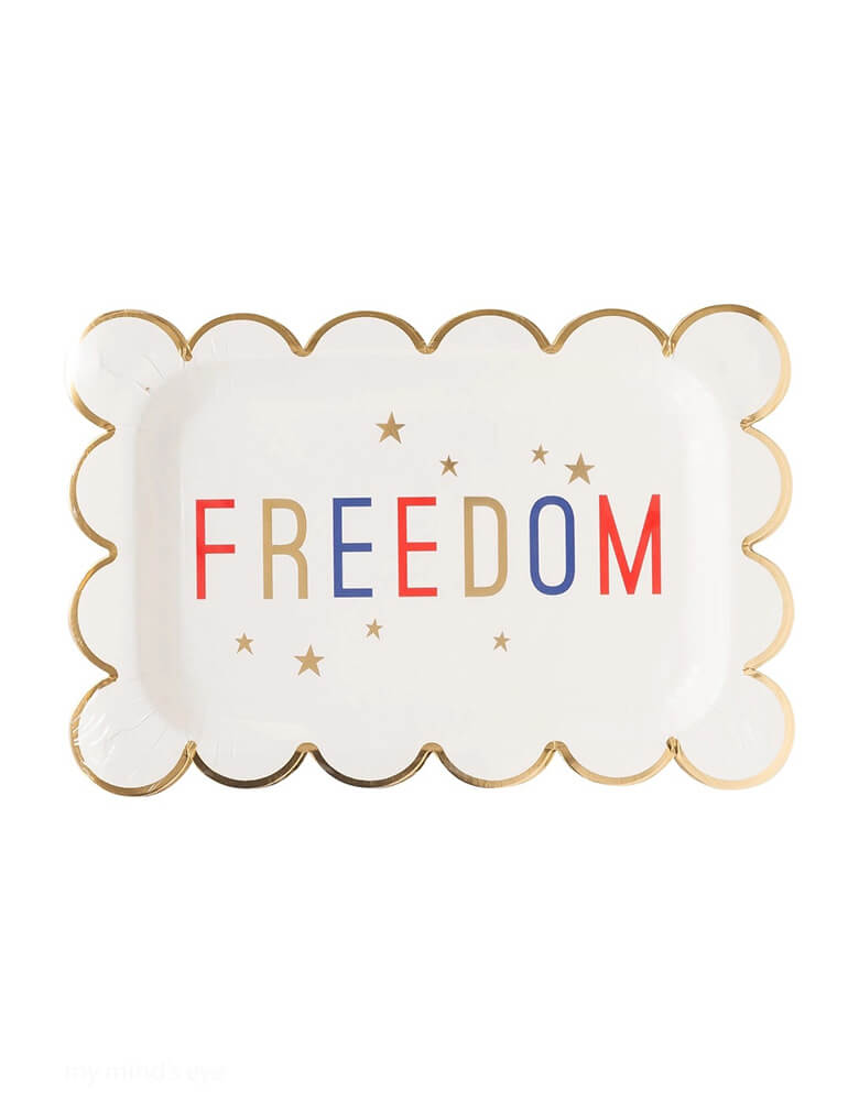 Momo Party's 6.5" x 10" Freedom Scalloped Plates by My Mind's Eye.  These party plates measure 10 inches making them perfect size to pile on all of your cookout favorites. And with a gold foil accents they are sure to shimmering touch to all your summertime celebrations. They're perfect for a festive fourth of July party!