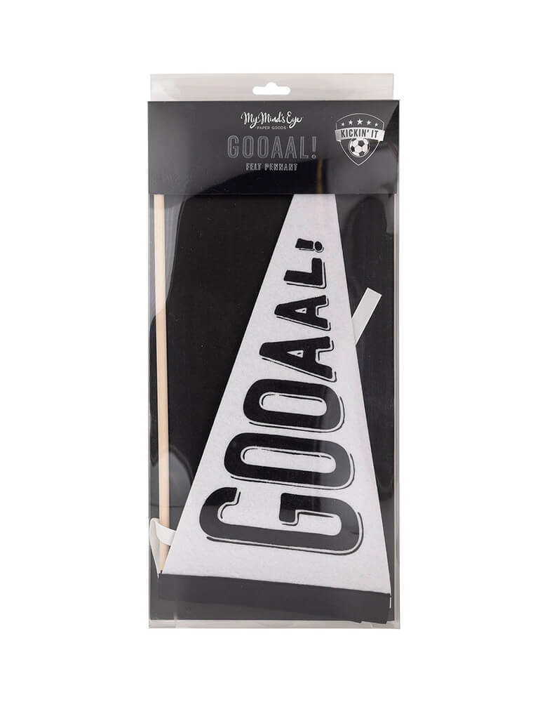 Momo Party's black and white GOOAAL! Soccer Felt Pennant by My Mind's Eye in its packaging.  Made from high-quality felt, this pennant is the perfect addition to any soccer fan's party or decor. Show off your love for soccer in a playful way with this felt pennant.