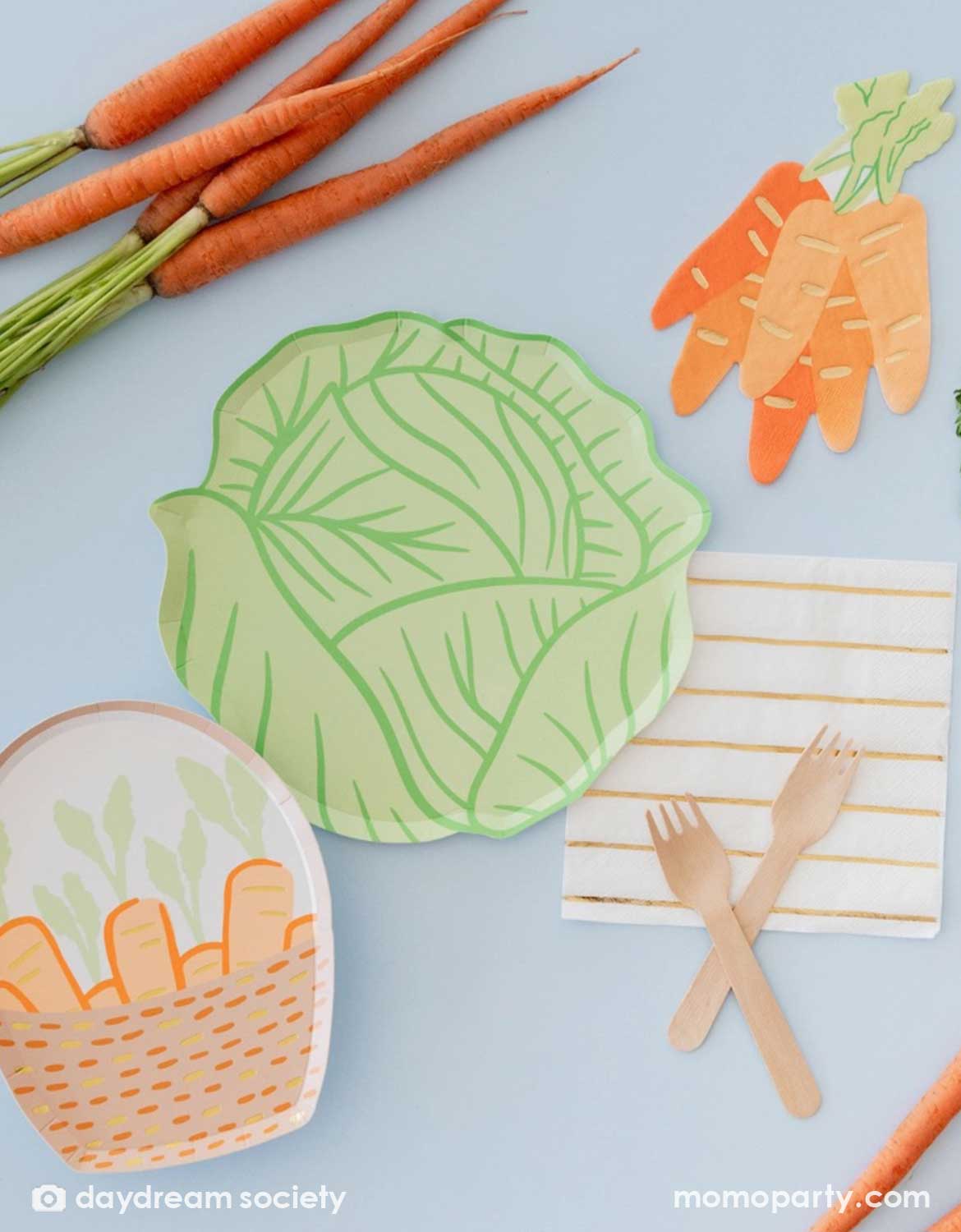 An overhead shot of Momo Party's farm themed colorful paper party tablewares of vegetables including cabbage and carrots plates and napkins on a light blue background.