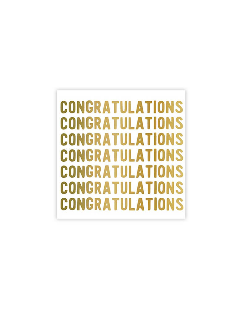 Momo Party's Congratulations Beverage Napkins  by Slant. set of 20 gold congratulations small napkins. These fun napkins with gold foil are perfect for graduation, bridal showers, anniversaries, and more.