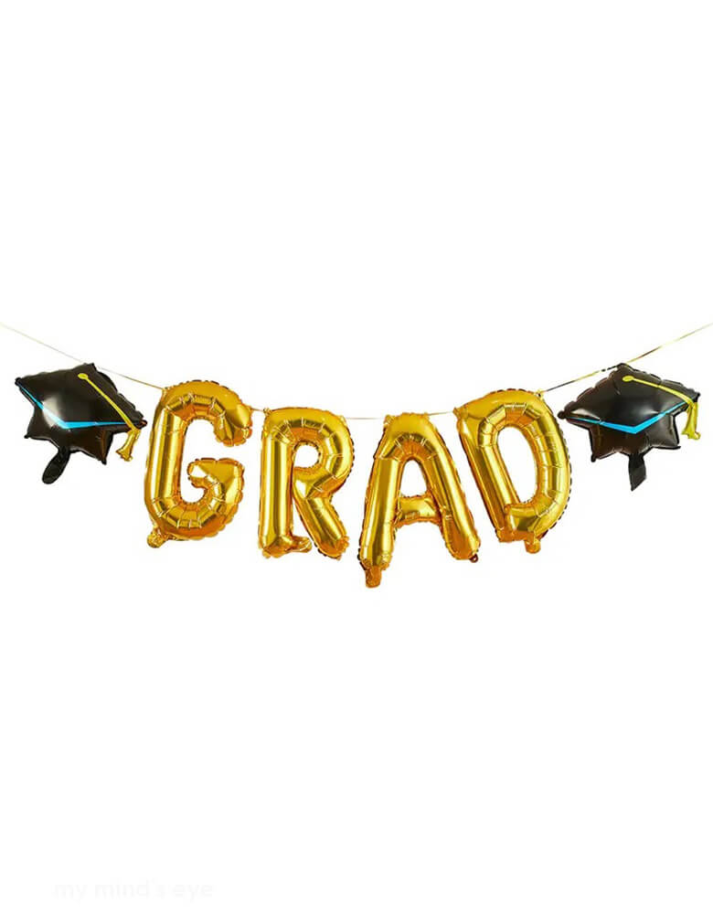 Momo Party's Gold Grad with Graduation Hats Foil Balloon Garland by Hooty Balloo. This balloon garland can transform your party into a gorgeously decorated celebration for any new grad! The kit i</span>ncludes a straw and attach them to a string to make a celebratory banner or tape them to the wall or backdrop.