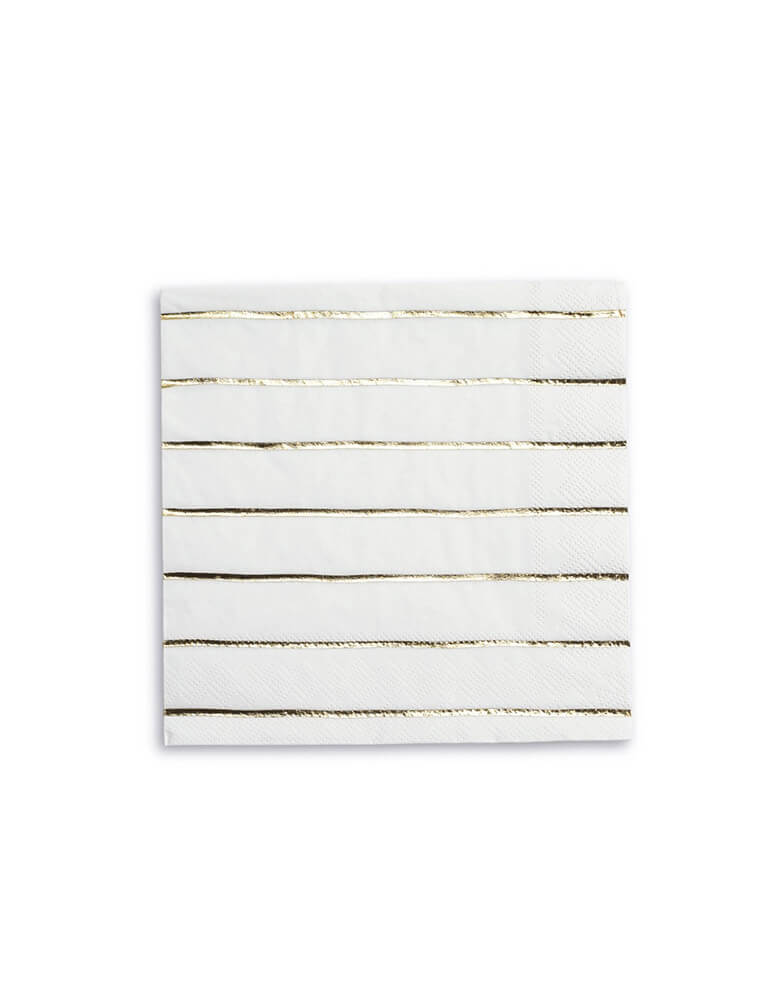 Momo Party's 6.5 inches Gold Striped Large Napkins by Daydream Society. Comes in a set of 16 napkins, These large napkins with their glimmery gold foil stripes will add instant party elegance. Add these to your Holiday or New Year celebration for extra festivity!