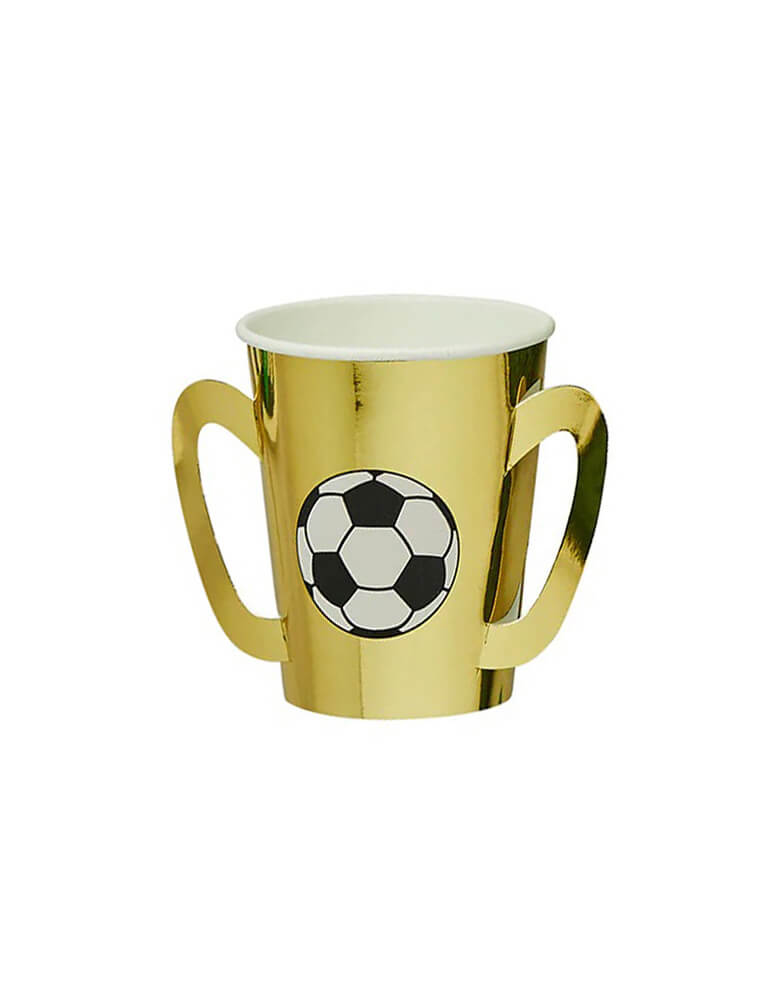 Momo Party's 7.4 oz Gold Trophy Cups by Hooty Balloo. These Gold Trophy Cups, complete with pop-out handles, are a must-have for any soccer themed gathering including a viewing party or kid's soccer birthday party!
