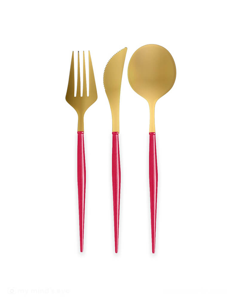 Momo Party's Belle Gold and Red Cutlery Set by Sophistiplate. Comes in a set of 24, these gorgeous gold and red reusable cutlery are prefect for your Holiday party table or Chinese New Year party tablescape. 