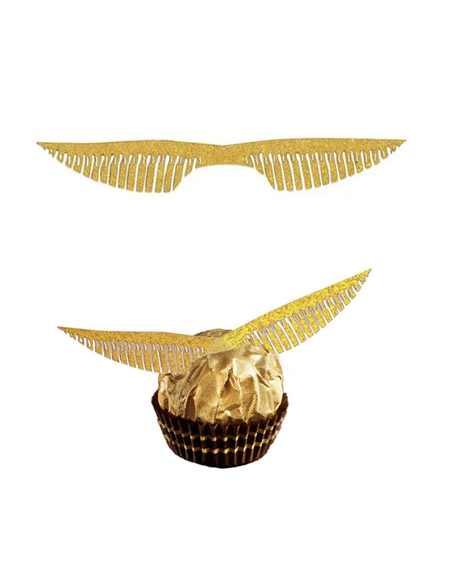 Momo Party's Golden Snitch Wings Decoration Kit.  The golden wings are made of bronzing paper and hollowed-out wings make it come to life, very cute and beautiful, the length is 12cm/4.72 in and the width is 1.9cm/0.75 in. You can attach them to chocolates easily and quickly and saving you a lot of time. The HP birthday party decorations are recommended for your daughter and son’s hp themed birthday party, he or she will be excited to see candy with the golden snitches