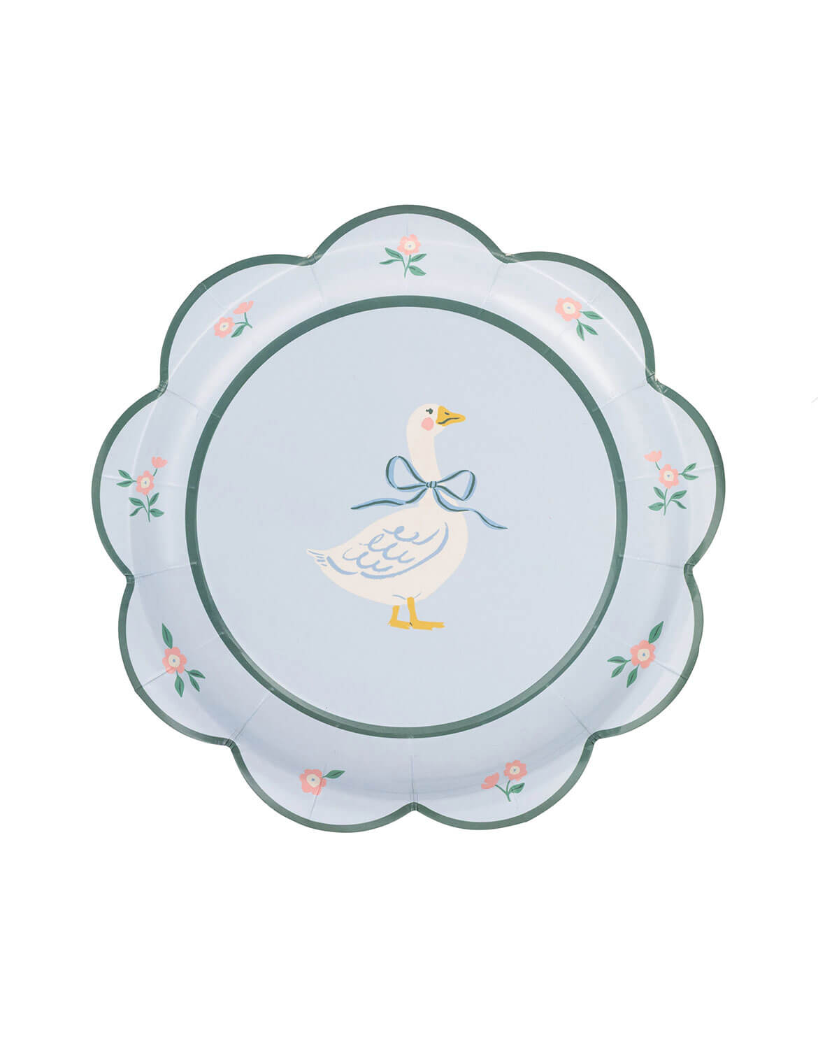 Momo Party's 8" scallop-edged goose party plate with a goose and floral design in light blue by My Mind's Eye on a white background.