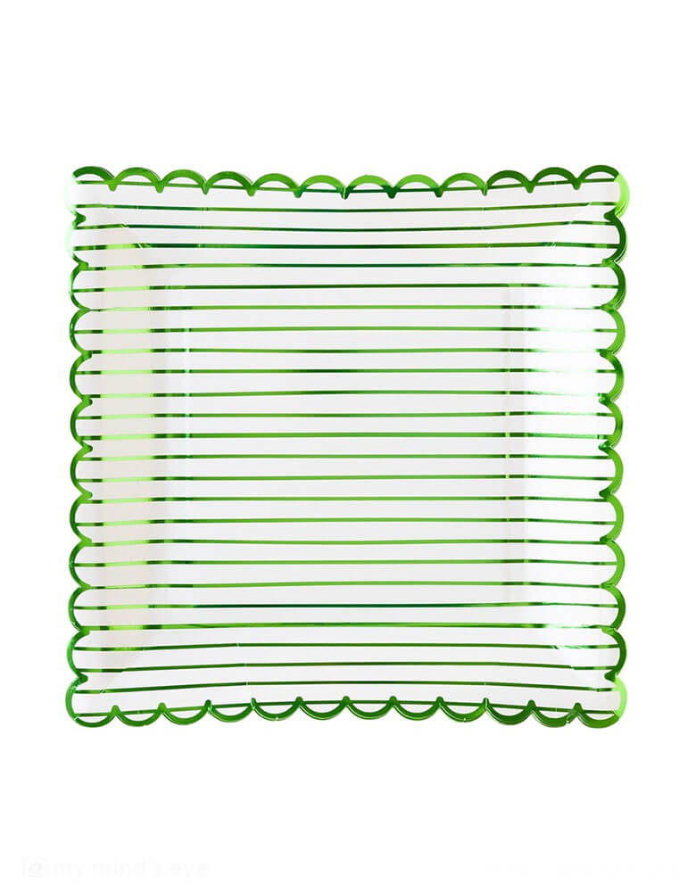 Momo Party's 9" x 9" Green Striped Paper Plates by My Mind's Eye. Comes in a set of 8 plates, these scallop edged paper plates with a green stripe foil are perfect for kid's dinosaur, jungle themed party. They're great for bringing a little extra luck to your St. Patrick's Day festivities!