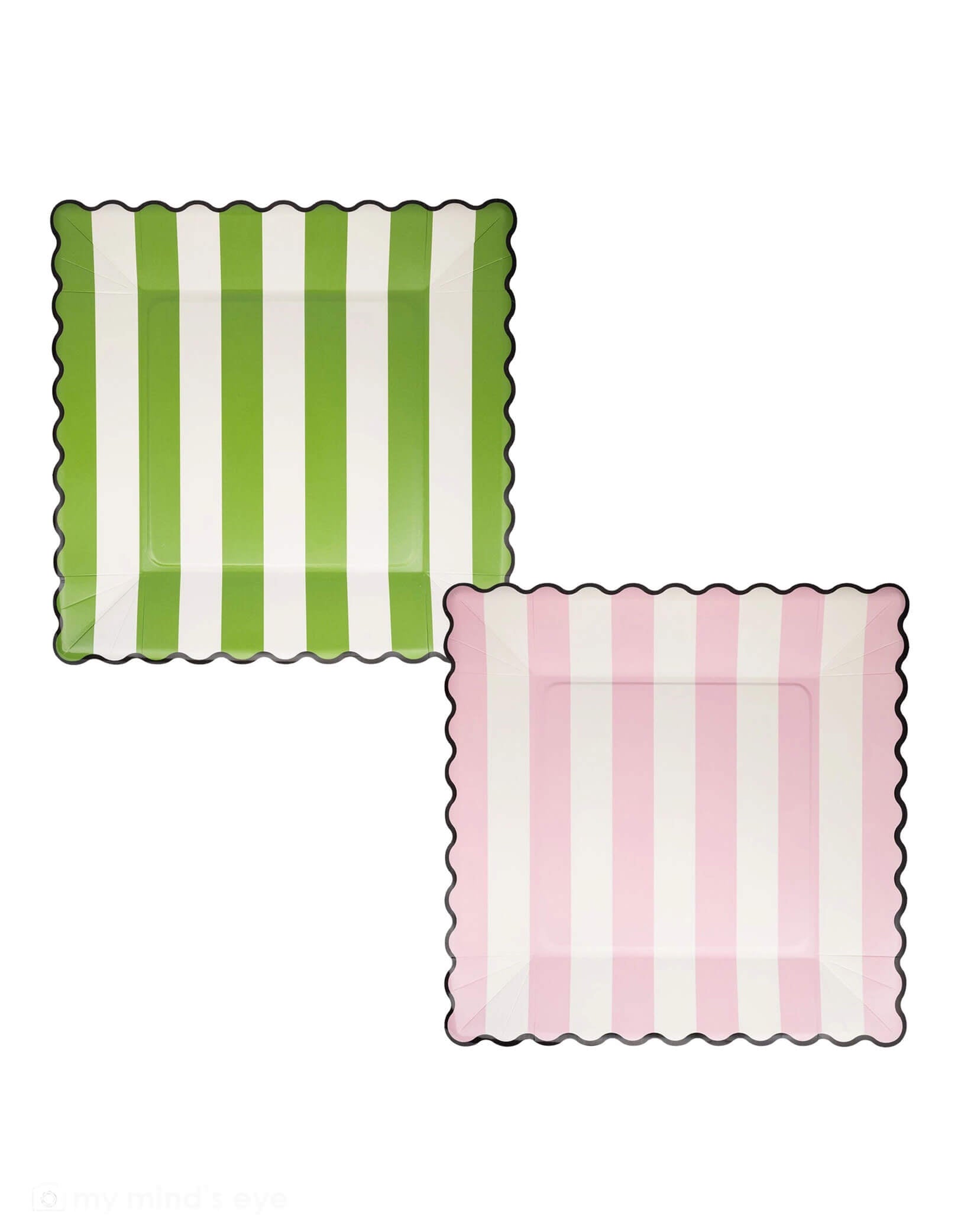 Momo Party's 11" Green Stripe Pink Stripe Plate Set by My Mind's Eye. Comes in a set of 8 paper plates, perfect for a Wicked themed party, this festive set adds a pop of color to your table. Mix and match with other Halloween decorations for a fun, eye-catching party spread that guests will love. Let the monster mash begin!