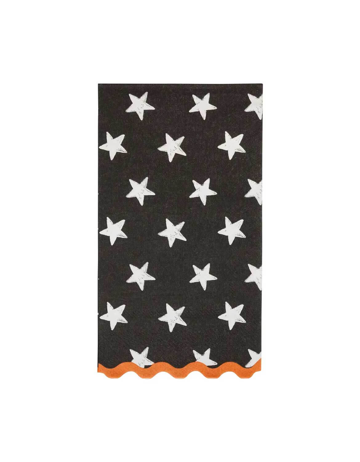 Momo Party's 4.25" x 7.75" Vintage Halloween Stars Dinner Napkin, featuring a white star pattern on black and a wavy orange border along the bottom edge by My Mind's Eye, shown against a plain white background.