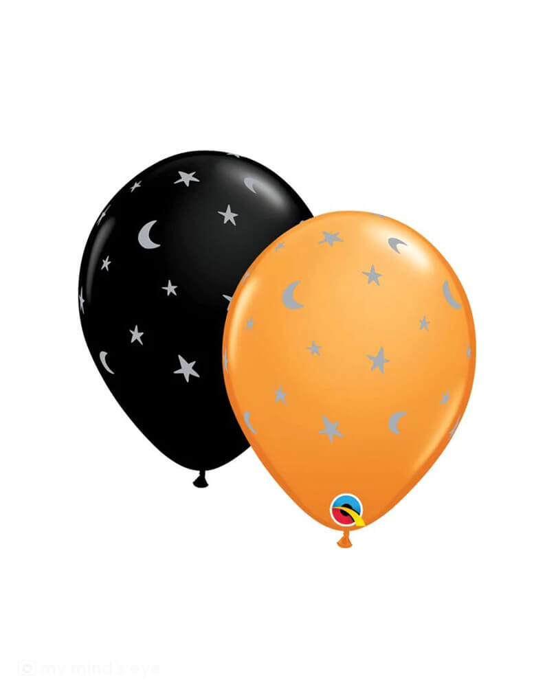 Momo Party's 11" Crescent Moon Stars Halloween Latex Balloons in orange and black by Qualatex Balloons. These balloons add all the spooky vibe to your Halloween celebration!