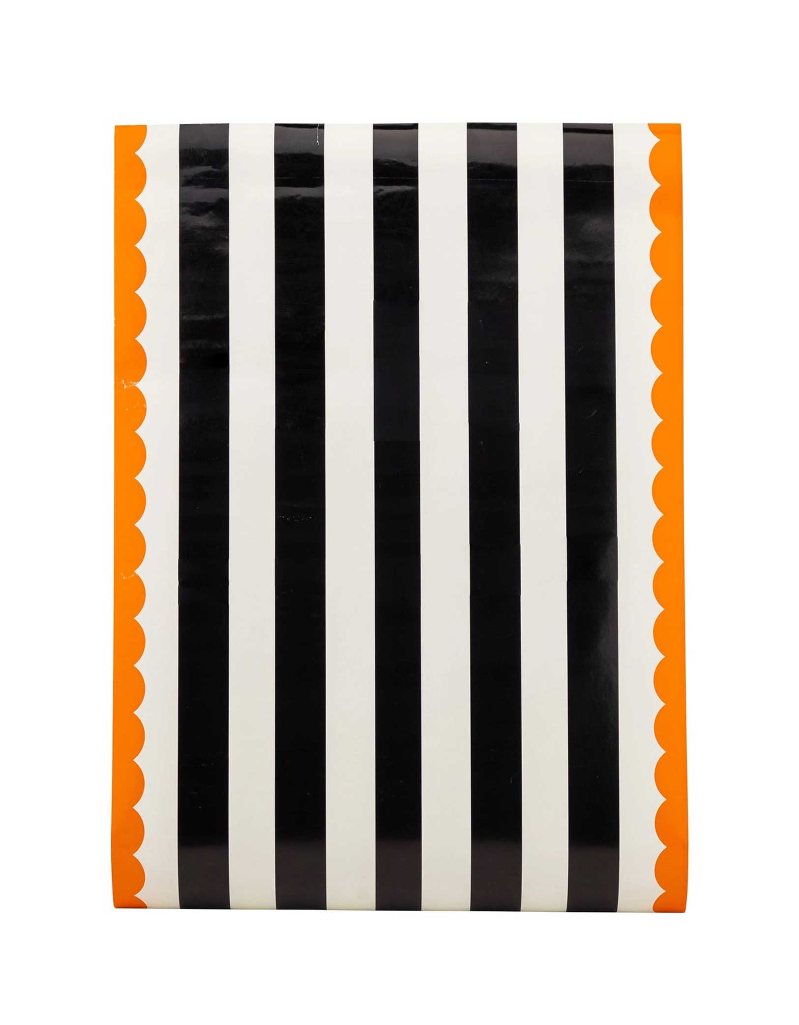 Momo Party's 16" x 120" Orange and Black Striped Paper Table Runner by My Mind's Eye on a white background. This festive accessory adds instant spooky style to your buffet, dining table, or dessert station. The bold stripes create a fun, playful backdrop for all your Halloween treats and decorations.
