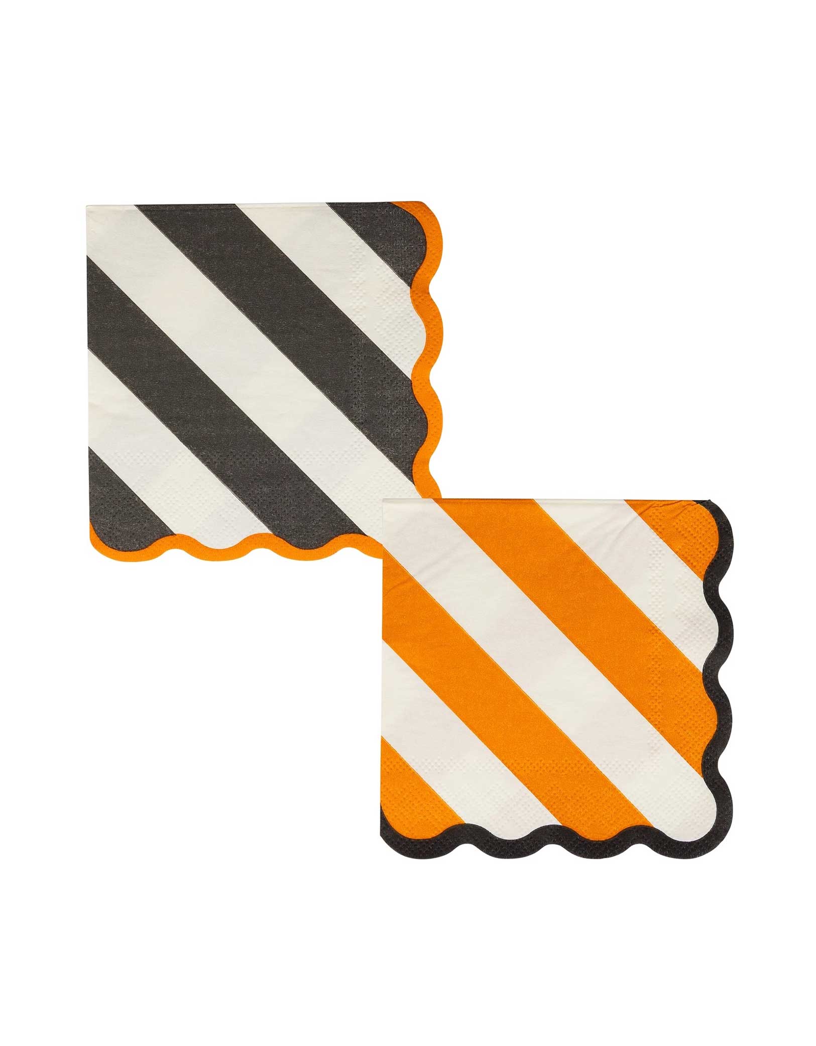 Momo Party's 5" Orange & Black Striped Small Napkin Set by My Mind's Eye on a white background. These festive napkins feature bold Halloween stripes that add a playful pop of color to any spooky celebration. Perfect for cocktail hours, dessert tables, or midnight monster bashes. Mix and match with other Halloween decor for a complete party look that'll have your guests howling with delight!