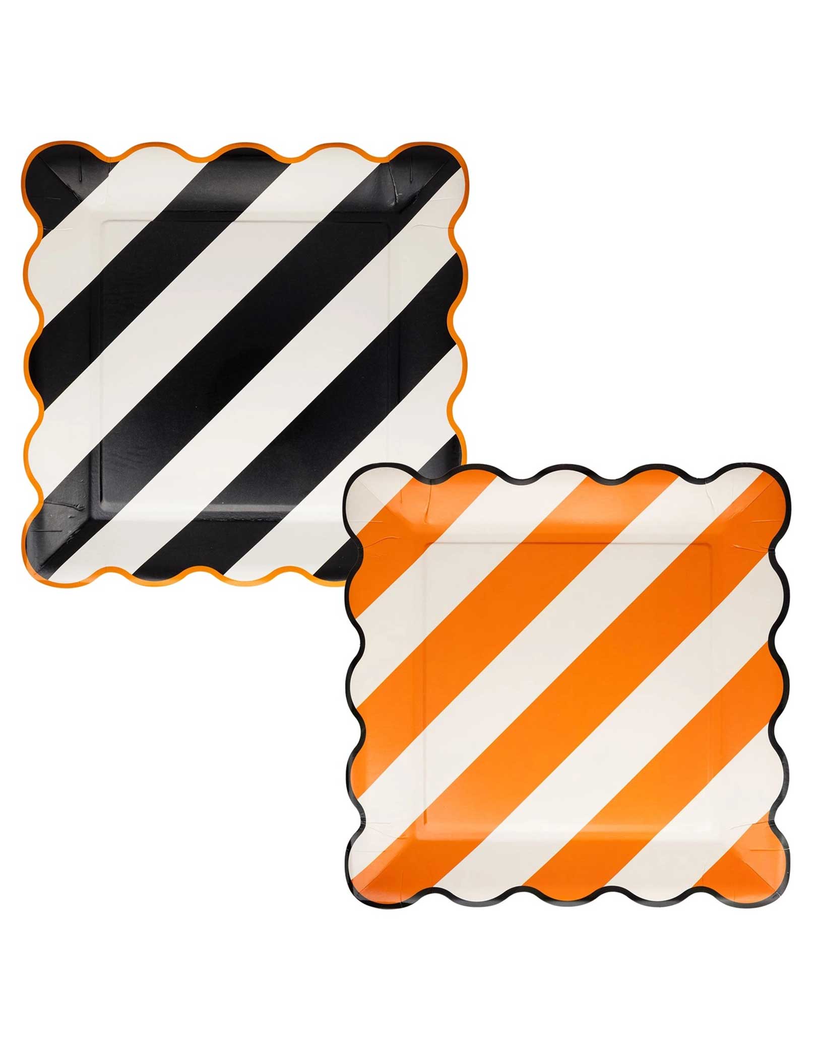 Two paper plates from Momo Party's 10" Orange & Black Striped Plate Set with black and white diagonal stripes and orange and white diagonal stripes on a white background. They're perfect for a Halloween themed celebration.
