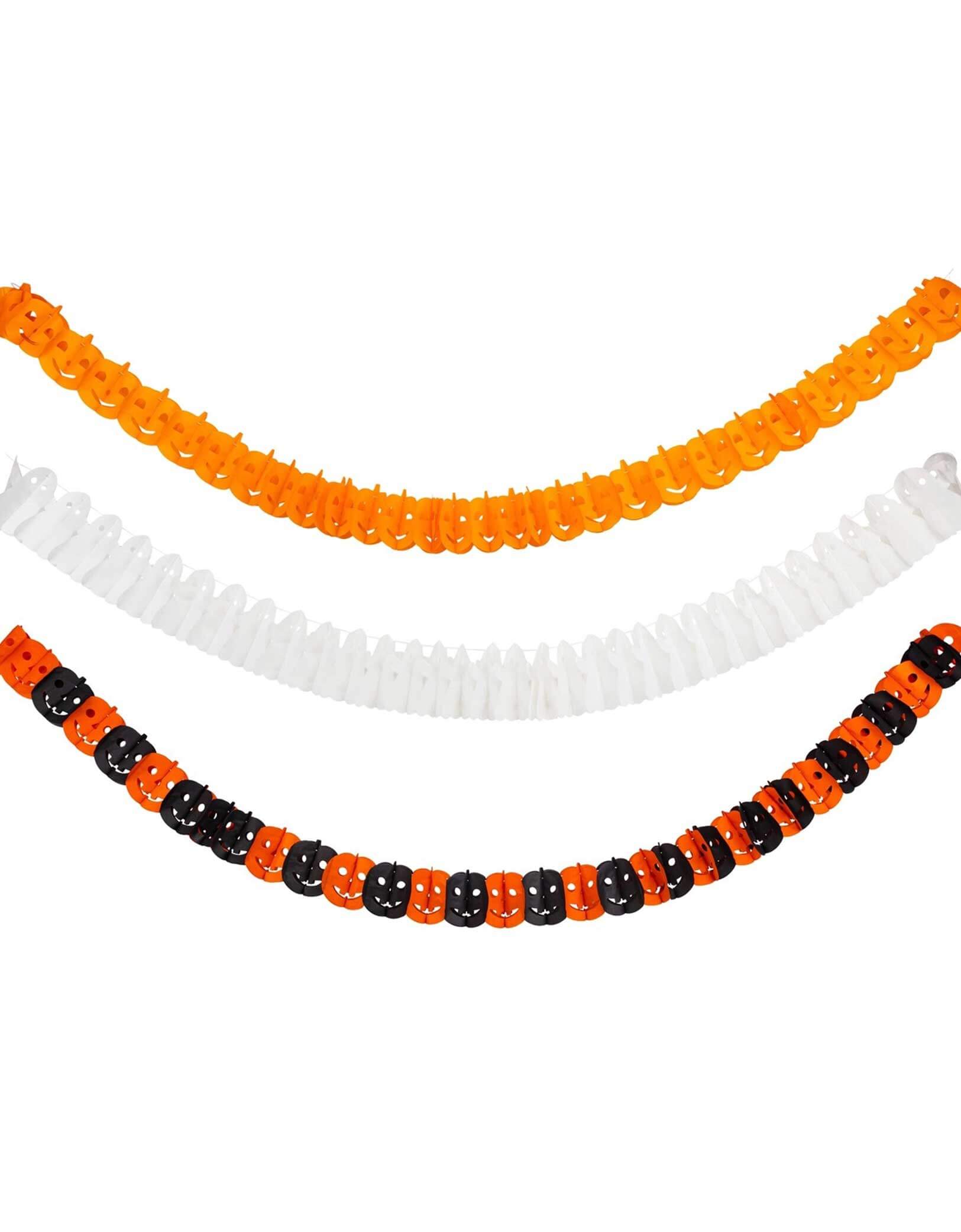 Momo Party's 9 ft Halloween Tissue Garland Set with three garlands, one in orange Jack-o'-lantern design, one white ghost design, the other in black, orange with Jack-o'-lantern design on a white background. Easy to hang across doorways, mantels, or tables, this lightweight tissue garland adds the perfect touch of playful Halloween spirit to your spooky season décor! A perfect decoration for a Halloween celebration or a spooky bash!
