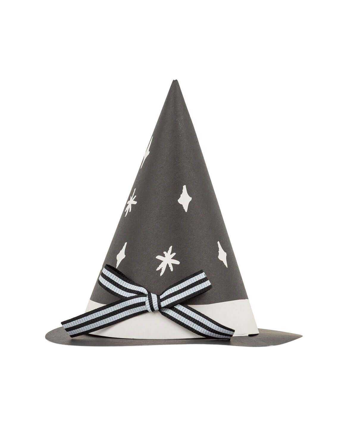 Momo Party's 5" Witch Hat Treat Holder featuring black and white pointed hats with striped ribbon and white star patterns by My Mind's Eye against a white background.