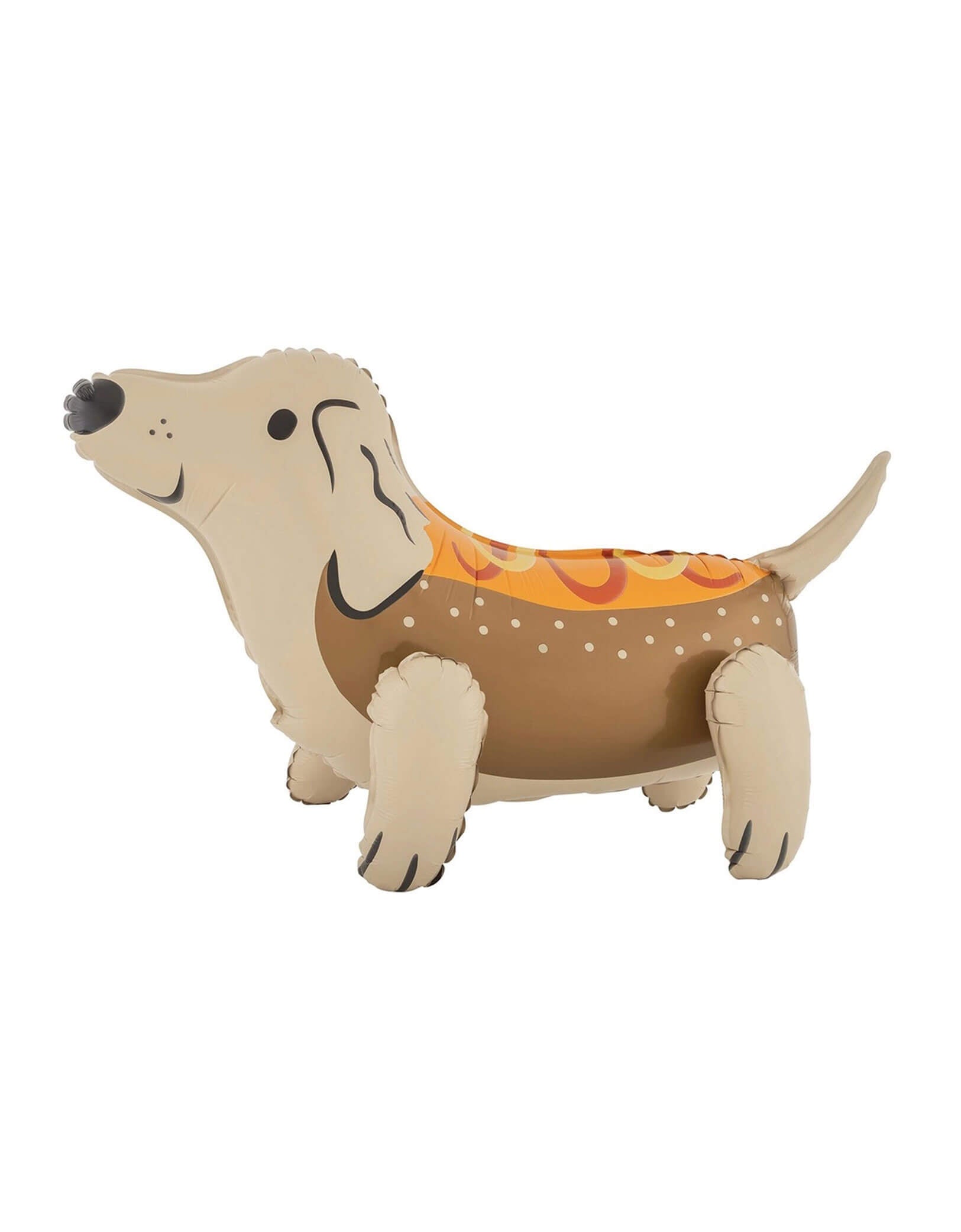 Momo Party's 26.8" x 16.5" x 12.6" Dachshund Dog-shaped foil balloon balloon with a hot dog costume by Daydream Society on a white background.