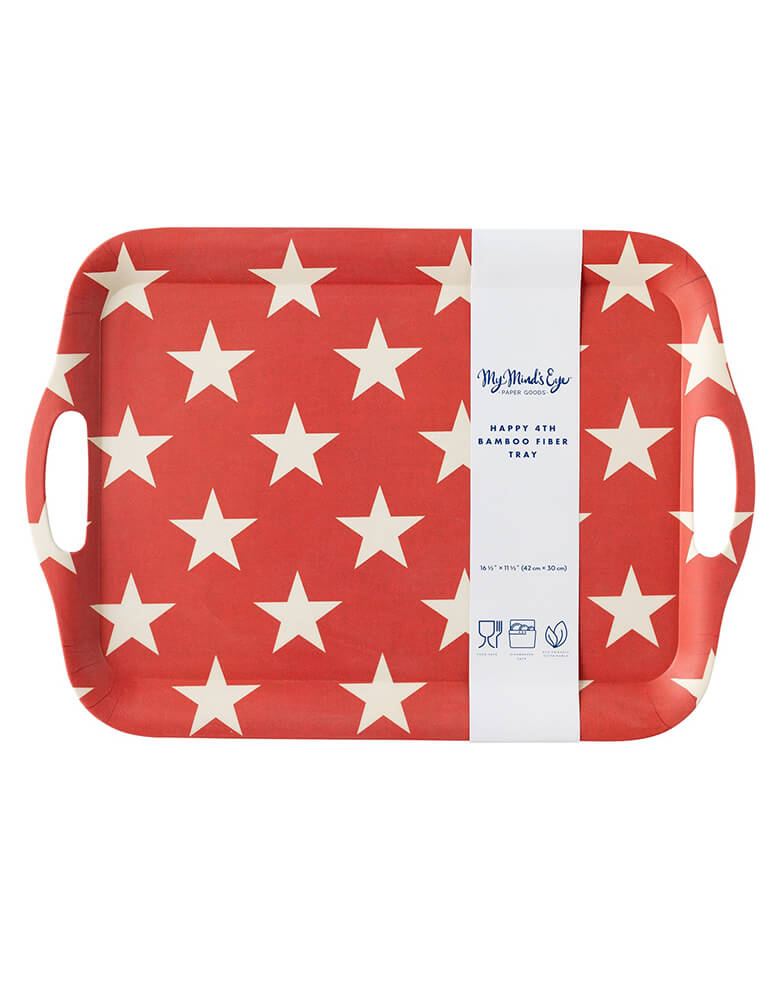 Momo Party's HAM930 - RED STAR REUSABLE BAMBOO TRAY by My Mind's Eye. Featuring a vintage Americana inspired star pattern on a red color reusable bamboo tray is the perfect patriotic touch at your Fourth of July celebrations.