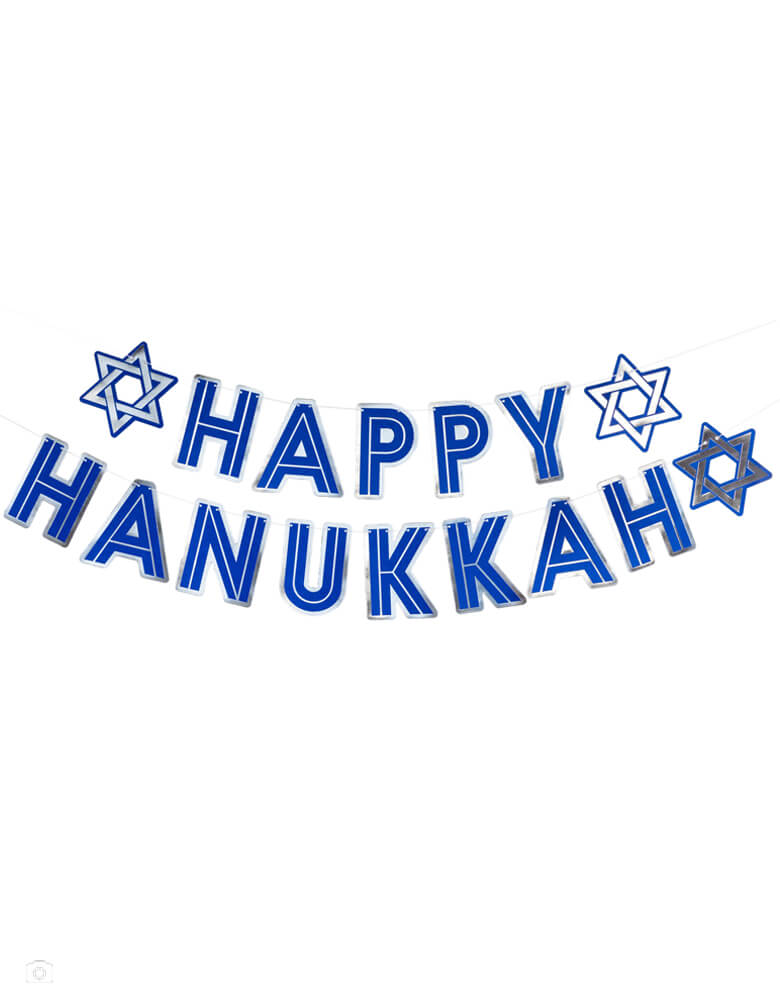My Mind's Eye Happy Hanukkah Banner sold by Momo Party , featuring the message "Happy Hanukkah" in festive silver foil and rich blue, it's perfect to dress up a mantel or tablescape for your Hanukkah celebrations.