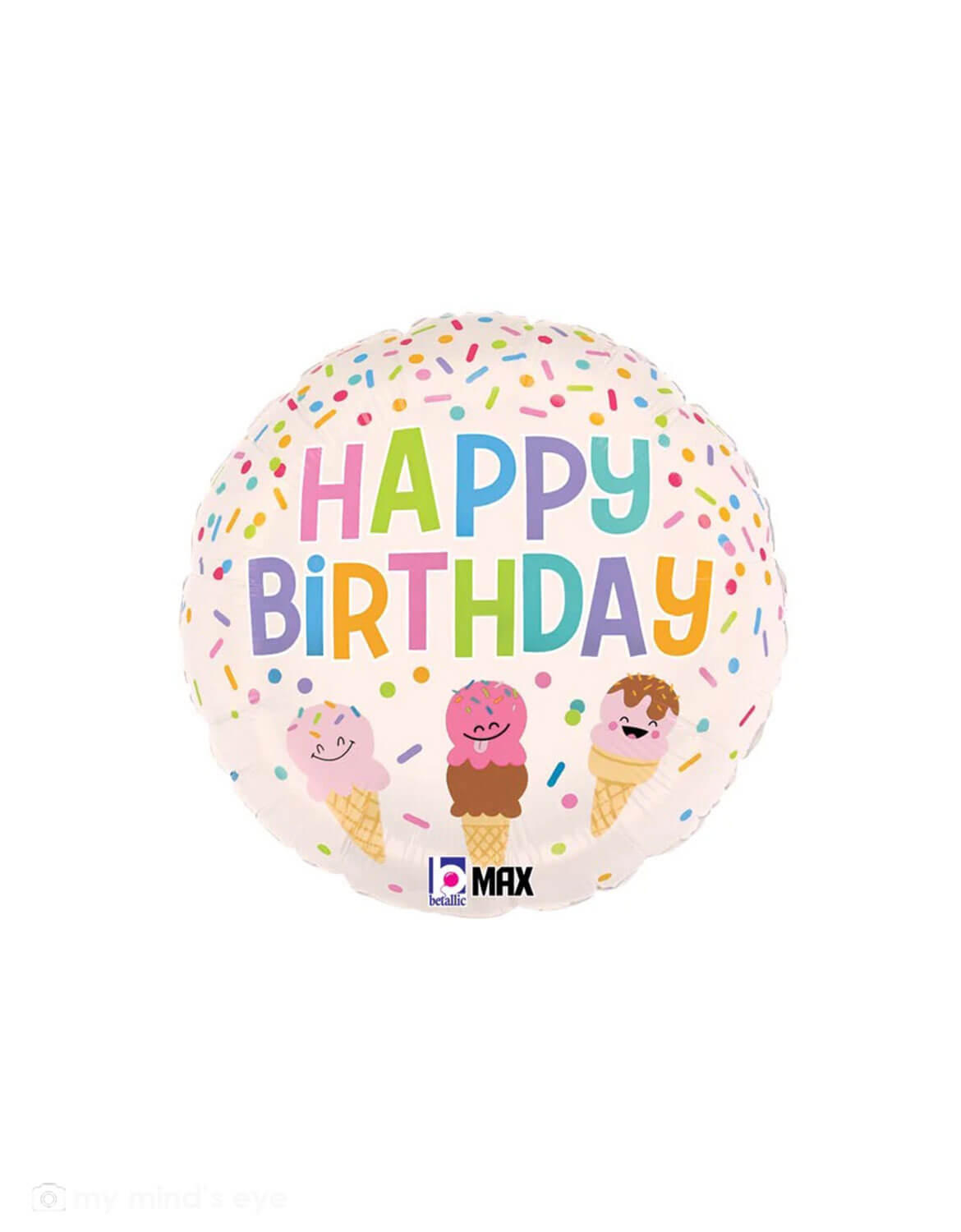 Momo Party's 18" Junior Happy Birthday Ice Cream Cone Foil Balloon by Betallic Balloons on a white background.