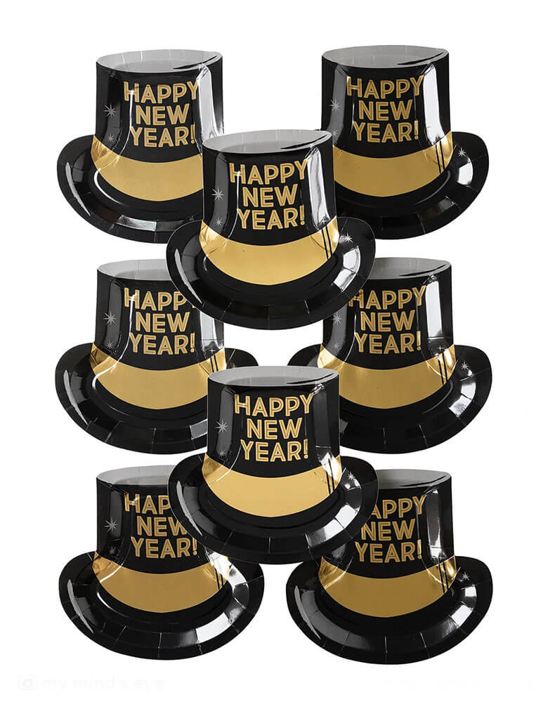 Momo Party's 10" Happy New Year Hat shaped plates by My Mind's Eye. Comes in a set of 8 plates, these gentleman's hat shaped plates in black with "Happy New Year" gold foil message on them are perfect to ring the new year at your NYE countdown party!