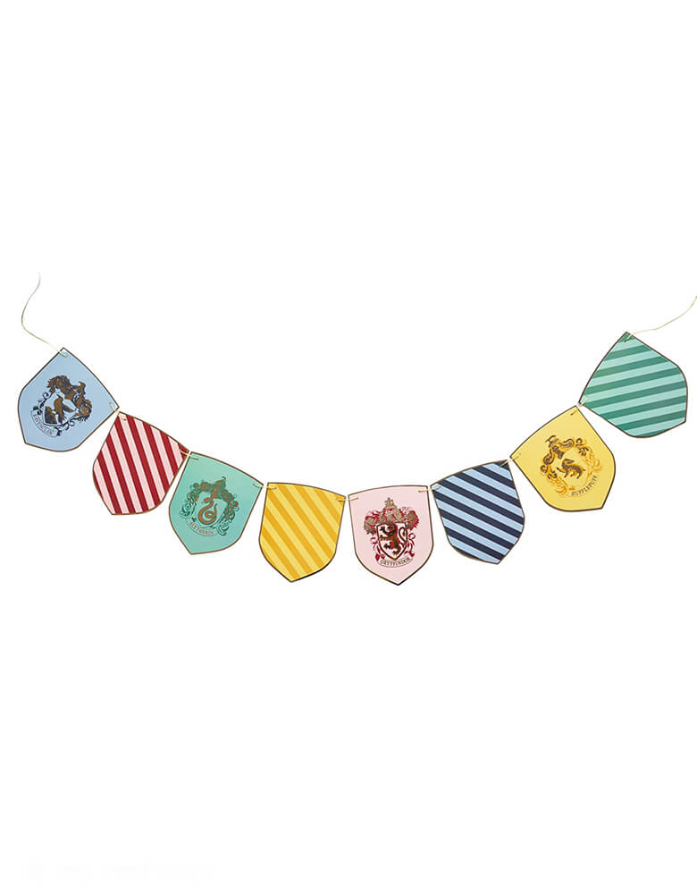 Momo Party's Harry Potter 12 ft Multicolor Decorative Hogwarts Banner by Bonjour Fete. The banner features multicolored pennants, each represent the house from Hogwarts including Hufflepuff, Ravenclaw, Slytherin and Gryffindor. It's perfect to set the scene for your Harry Potter themed celebration!