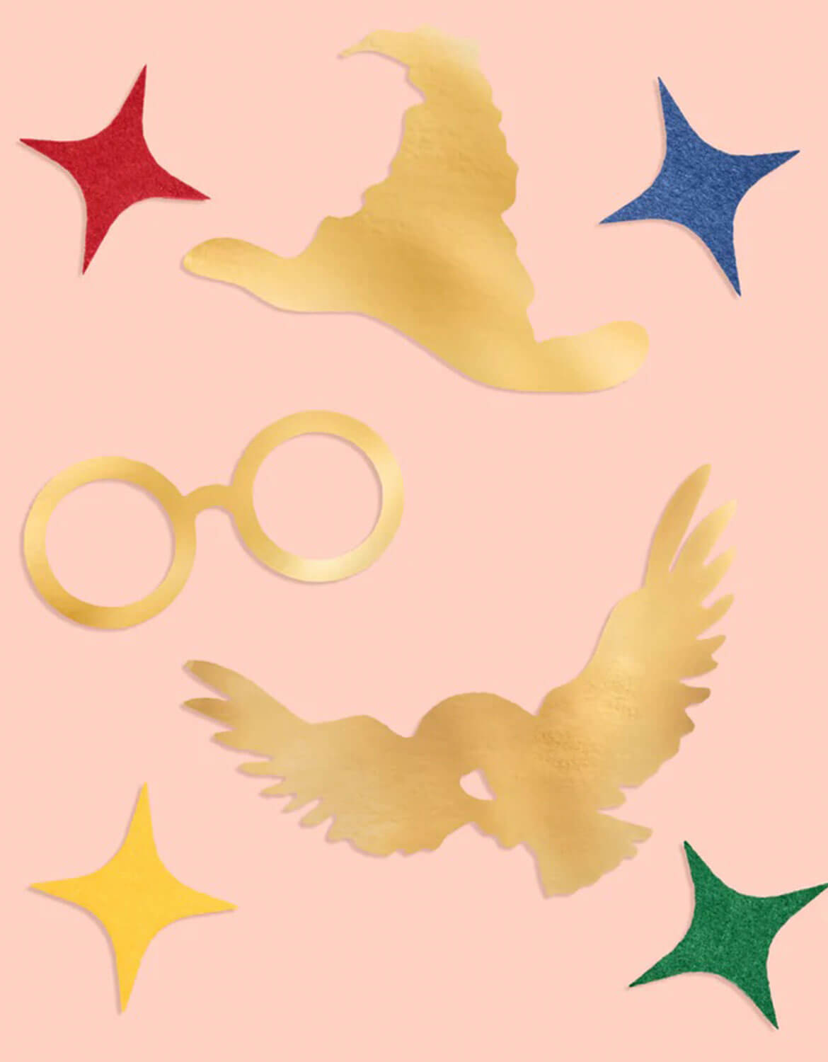 Momo Party's Wizard Party Foil Confetti featuring Harry Potter themed designs including starburst shaped confetti in red, green, yellow and red, glasses, sorting hat and owl,  on a beige background.