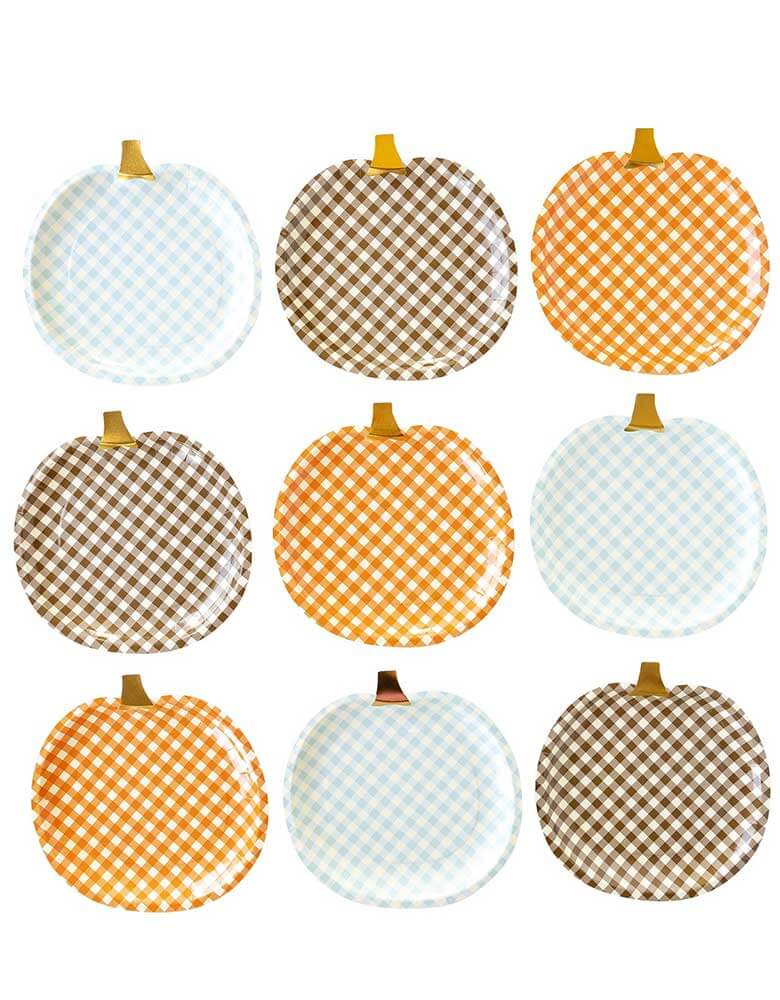 Momo Party's 8" gingham patterned pumpkin shaped plates by My Mind's Eye. Harvest in style with this set of 9 gingham pumpkin-shaped paper plates! Comes in a set of 3 different colors including orange, brown, and light blue, these plates are perfect for any fall-themed get-together, friendsgiving party, this set is sure to make your harvest season a hit.
