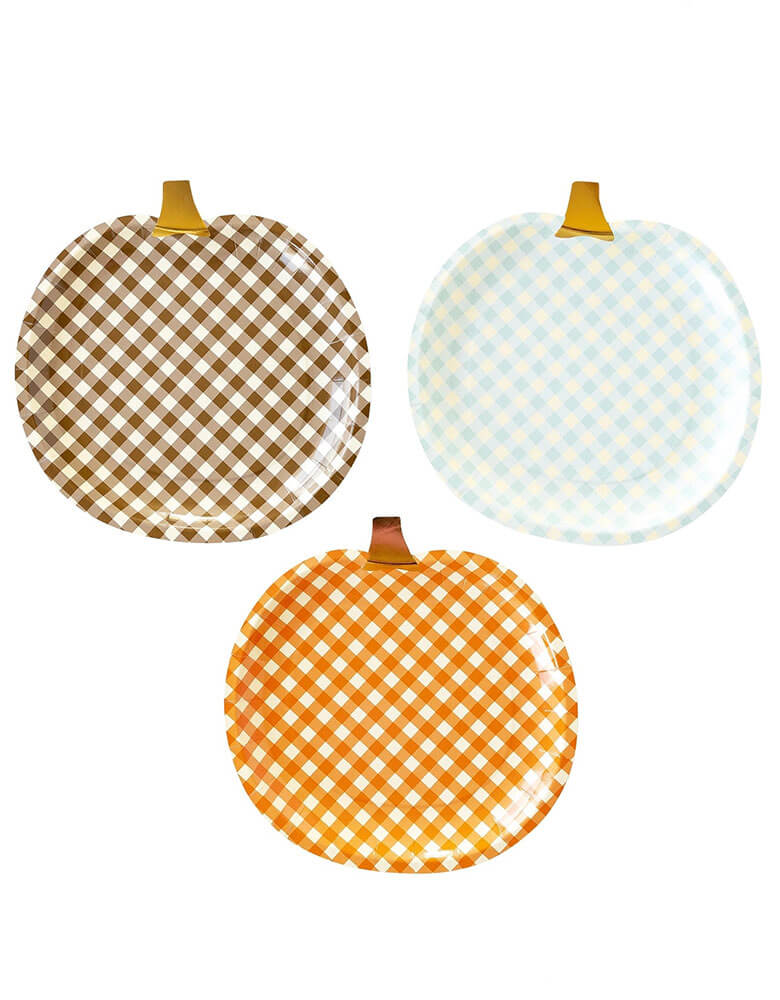 Momo Party's 8" gingham patterned pumpkin shaped plates by My Mind's Eye. Harvest in style with this set of 9 gingham pumpkin-shaped paper plates! Comes in a set of 3 different colors including orange, brown, and light blue, these plates are perfect for any fall-themed get-together, friendsgiving party, this set is sure to make your harvest season a hit. 
