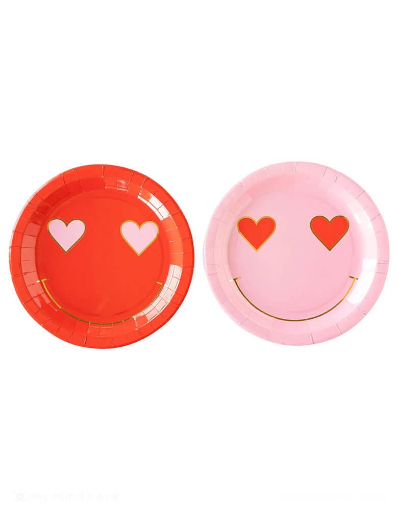Momo Party's 9" x 9" heart eyes round paper plates in red and pink by My Mind's Eye, Perfect for Valentine's Day celebrations, it's sure to bring a smile to faces with its cute heart eyes design. Get your hands on it and let the love shine!