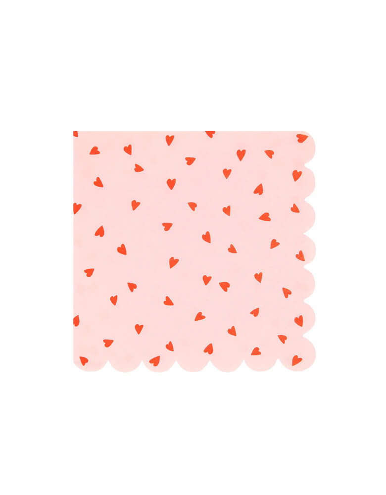 Momo Party's 6.5.x 6.5 inches heart pattern pink large napkins by Meri Meri.  This set of 16 features a playful red heart design with sweet pink napkins and a charming scallop edge. Perfect for Valentine's Day or Galentine's Day or any day you want to show some love!