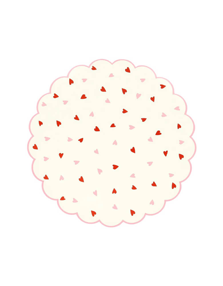 Momo Party's 8.5" x 8.5" white heart pattern side plates by Meri Meri. Get hearts racing with these white plates featuring a playful scallop edge and charming red and pink hearts. Perfect for adding a touch of love to any meal, whether it's Valentine's Day or Galentine's Day.