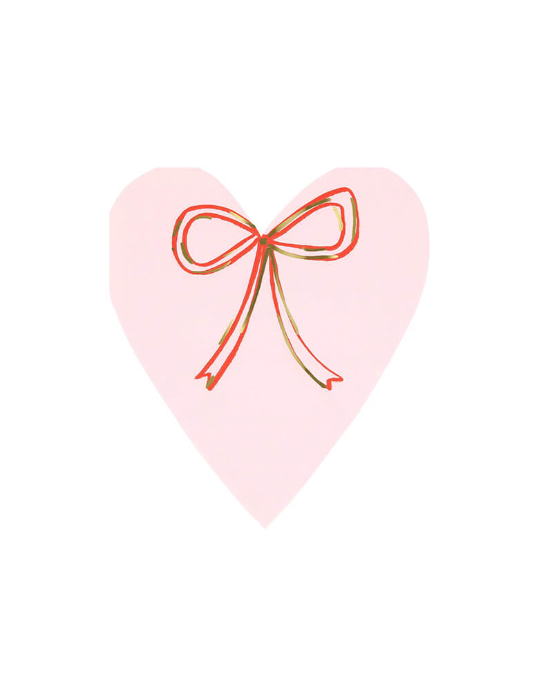 Momo Party's 5.375" x 6.125" Heart With Bow Napkins by Meri Meri. Comes in 16 red and pink heart shaped napkins with adorable bow accent, they are perfect for any Valentine's Day or Galentine's Day celebration.