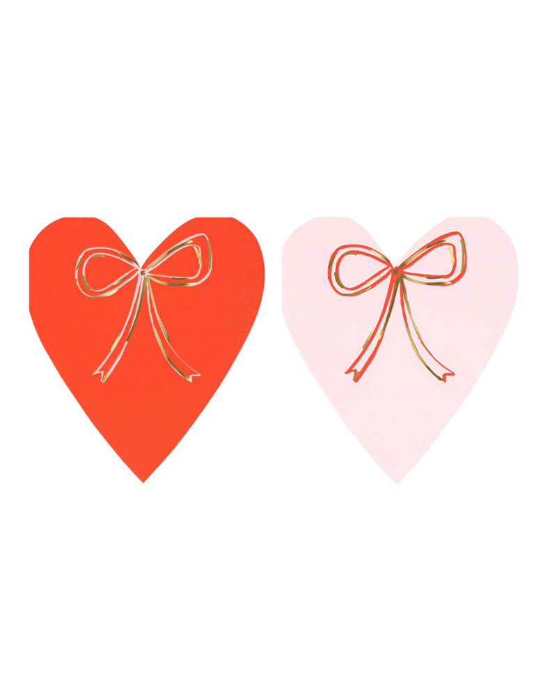 Momo Party's 5.375" x 6.125" Heart With Bow Napkins by Meri Meri. Comes in 16 red and pink heart shaped napkins with adorable bow accent, they are perfect for any Valentine's Day or Galentine's Day celebration.