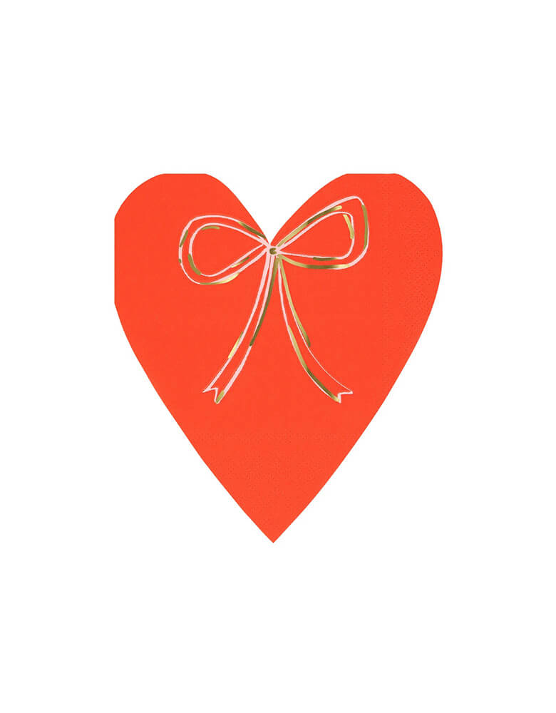 Momo Party's 5.375" x 6.125" Heart With Bow Napkins in Red color and gold foil bow print by Meri Meri. Comes in 16 red and pink heart shaped napkins with adorable bow accent, they are perfect for any Valentine's Day or Galentine's Day celebration.