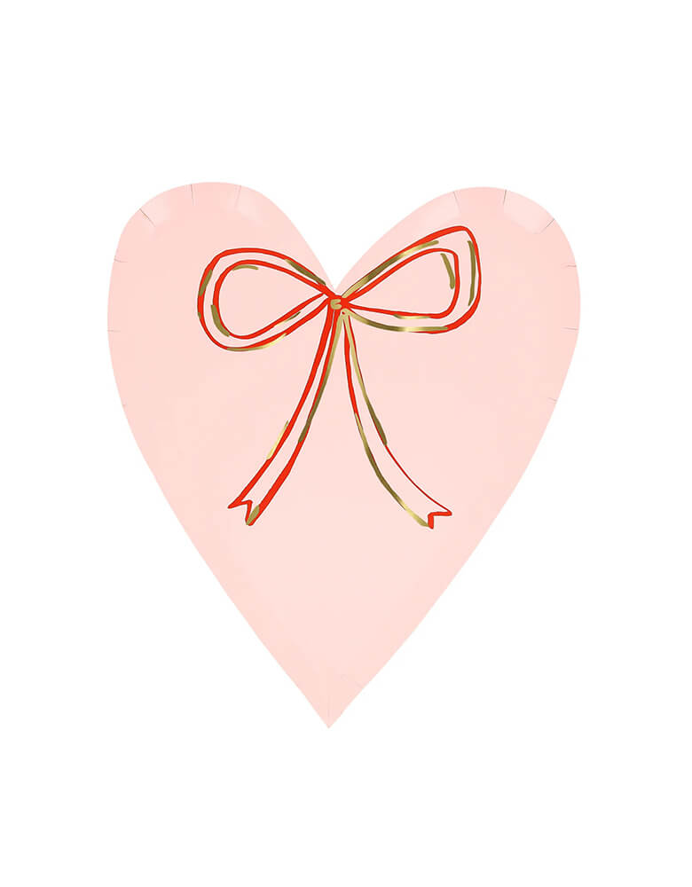 Momo Party's 7.5" x 8.5" Heart With Bow Plates in red by Meri Meri. With shiny gold foil details, these plates are perfect for a sweet Valentine's Day celebration.