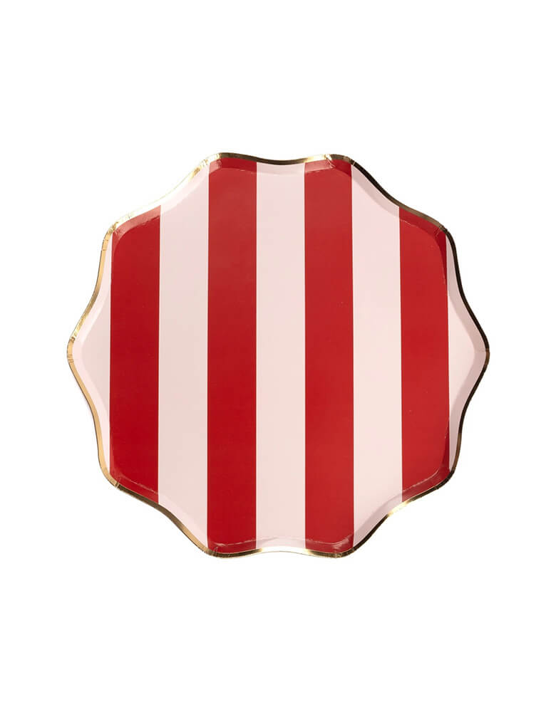 Momo Party's 10.5" Holiday Red Stripes Dinner Paper Plates by Gatherings. Comes in a set of 8 plates, made with eco-friendly FSC Mix paper, these vibrant and stylish plates with gold scallop edge are perfect for parties and dinners, making your tabletop a sight to behold. Create a festive atmosphere and elevate your dining experience with these plates!