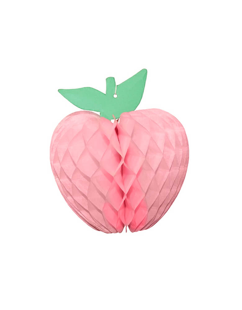 Momo Party's  7" Honeycomb Pink Apple Decorations from Devra Party. Made from premium honeycomb tissue paper, each piece comes with its own hanging string. Hang it from the ceiling, along a wall or as a centerpiece for your table! Fun decoration for Back to school party