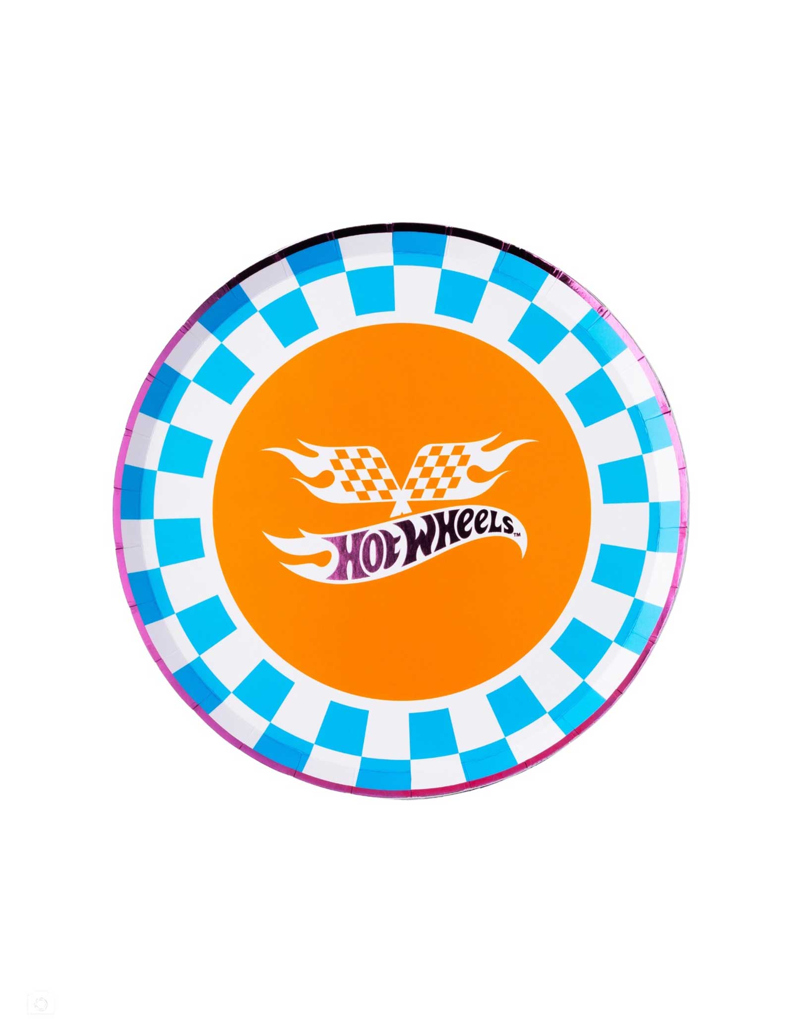 Momo Party's 8" blue checkered Hot Wheels plate with Hot Wheels logo in orange on a white background.