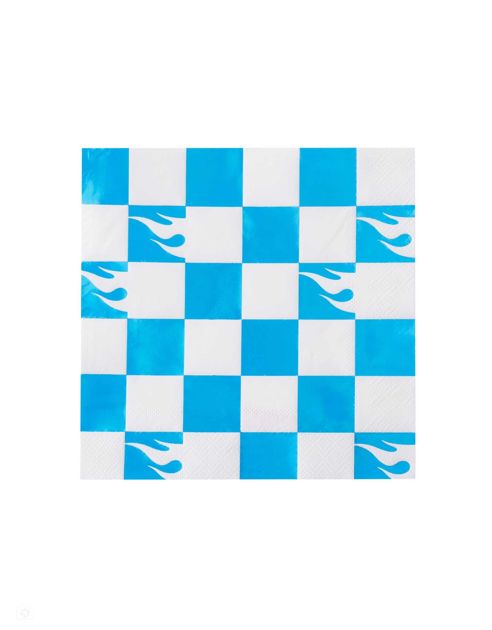 Momo Party's 6.5" Hot Wheels™ Blue Foil Checker Large Napkins with blue and white squares and flame designs on a white background.