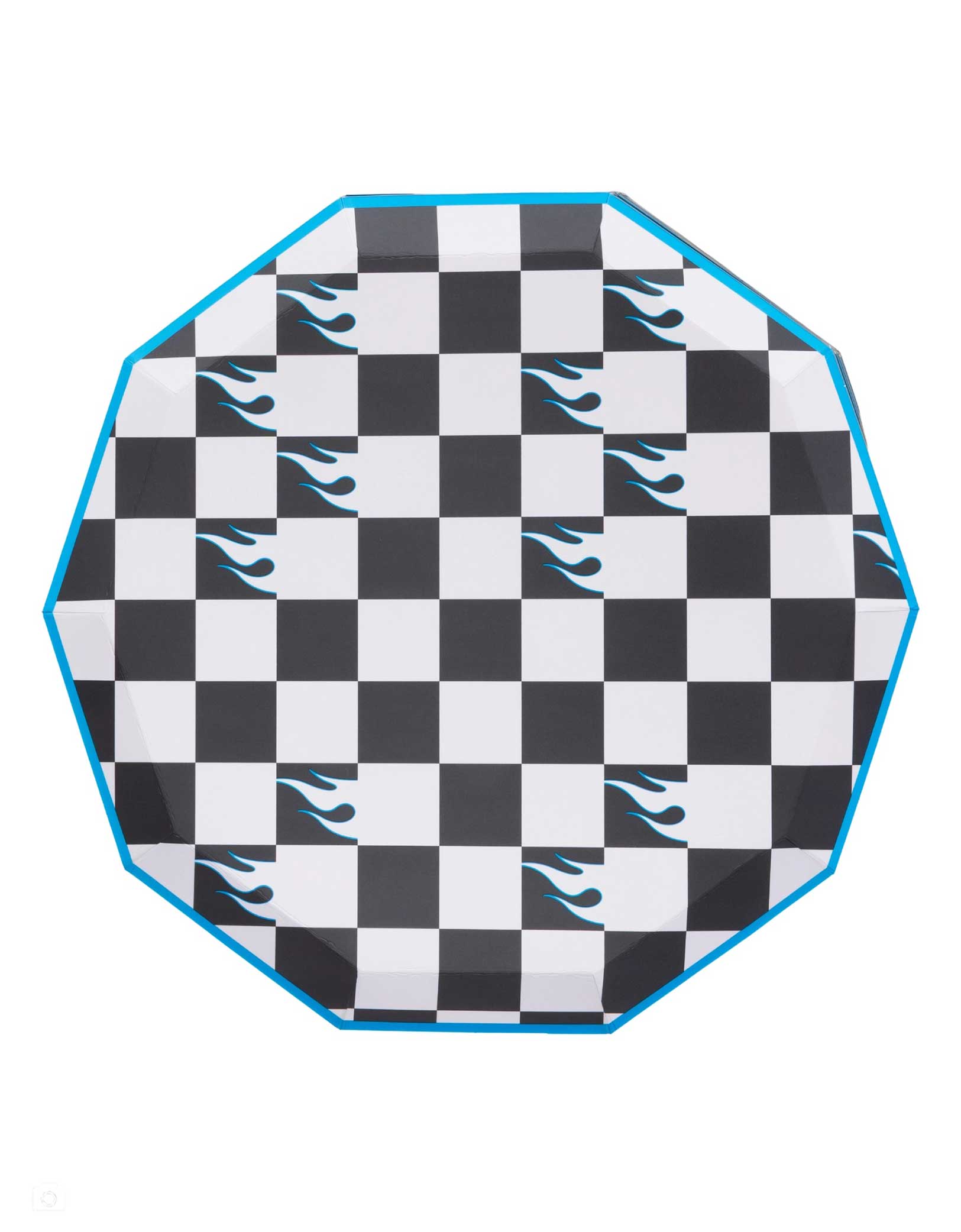 Momo Party's 10.75" Hot Wheels inspired checkered plate with flames and blue edge on a white background.