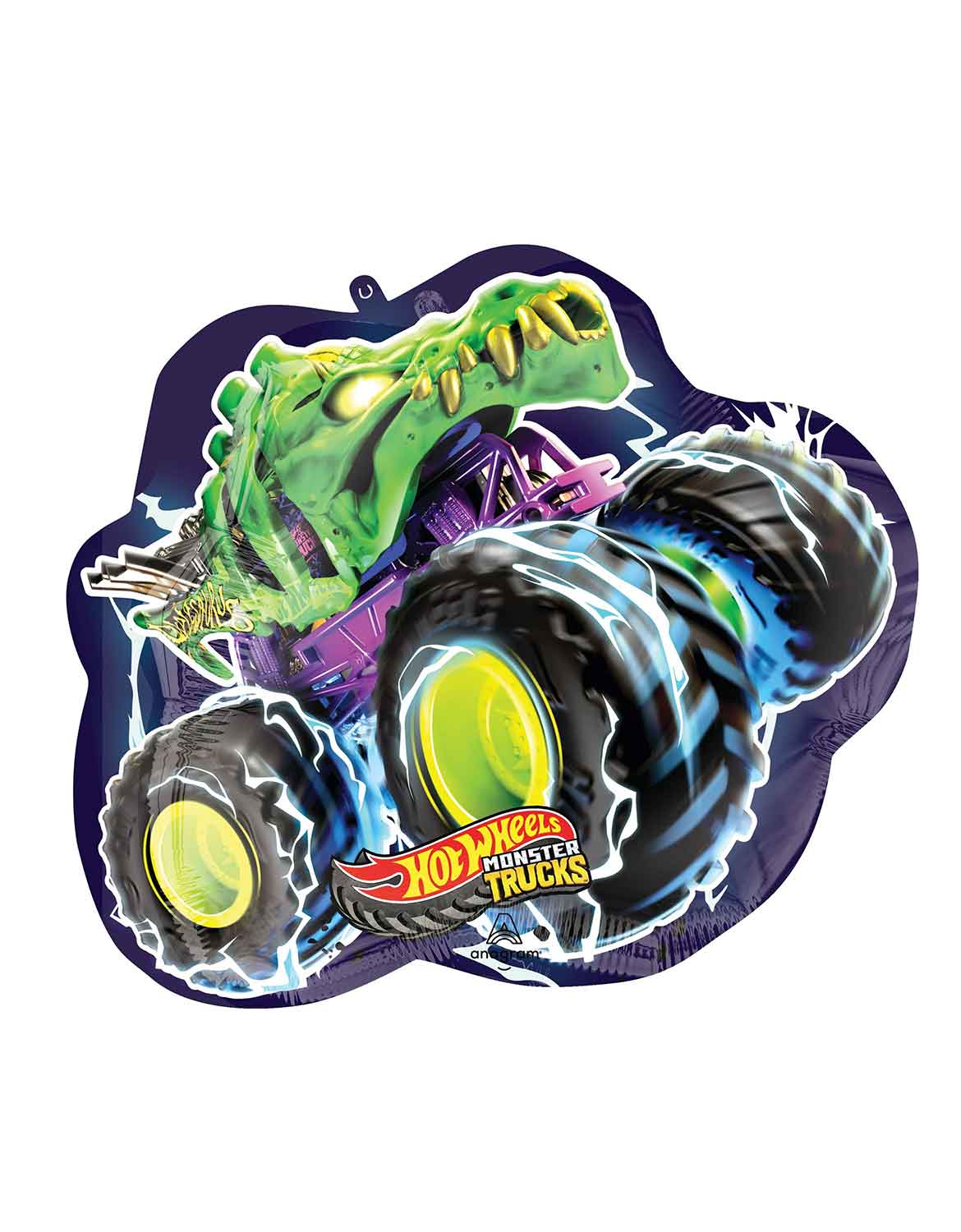 Momo Party's 23" official licensed Hot Wheels Monster Trucks shaped foil balloon by Anagram Balloons on a white background.
