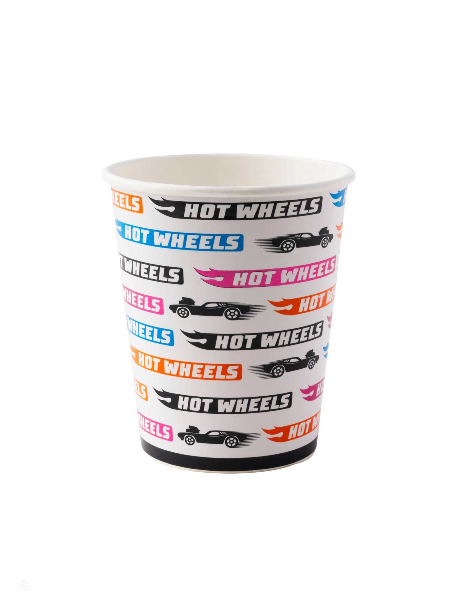 Momo Party's 9 oz Hot Wheels™ Party Cup with Hot Wheels branding and car graphics on a white background.