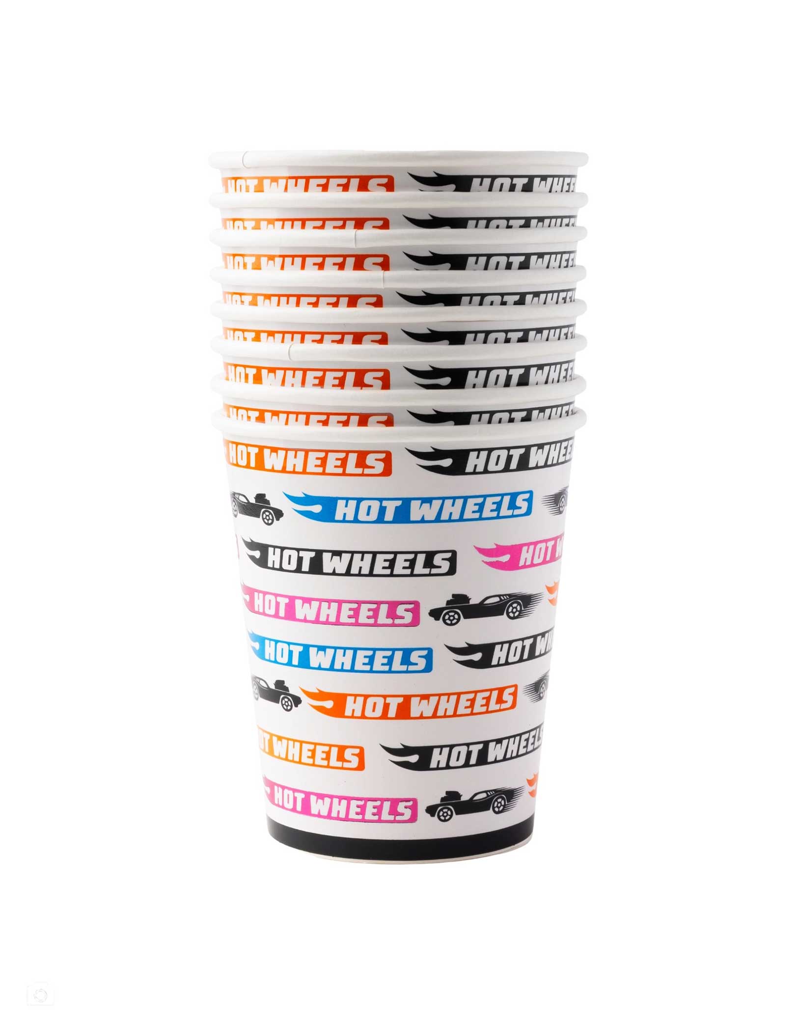 A stack of Momo Party's 9 oz Hot Wheels™ Party Cups with Hot Wheels branding and car graphics on a white background.