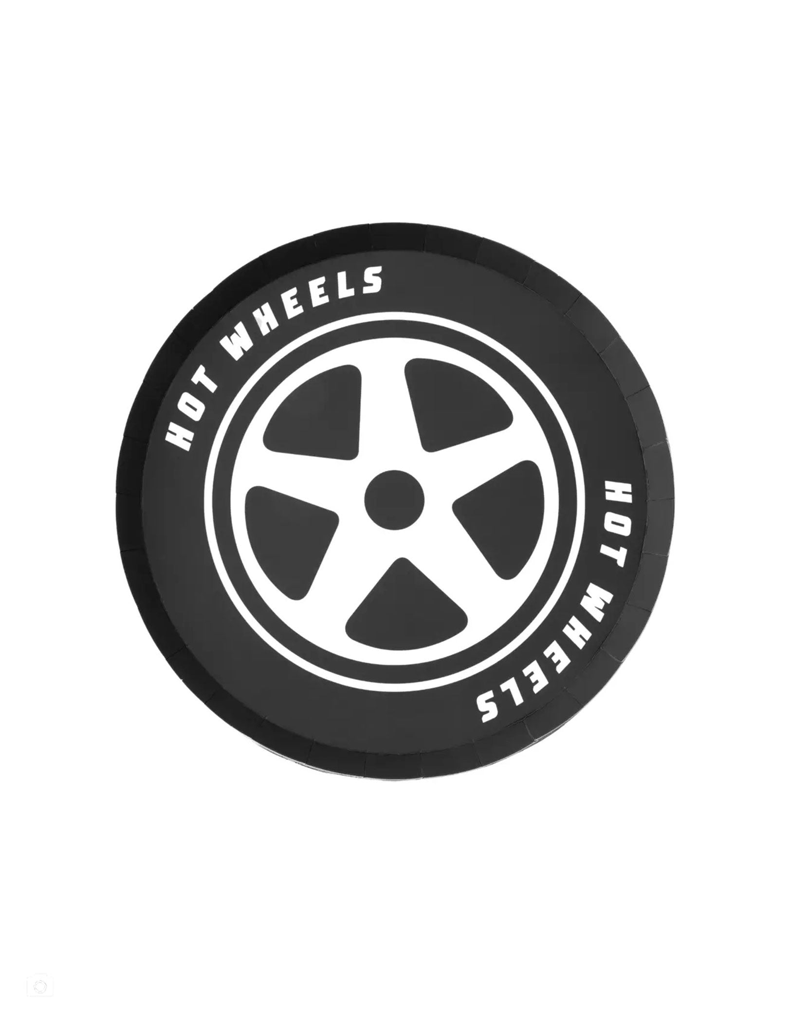 Momo Party's 8" Black wheel-shaped small plate with 'Hot Wheels' branding on a white background.