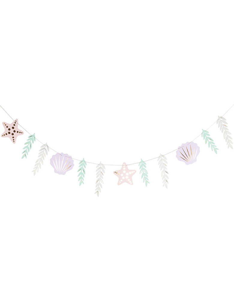 Momo Party's 5' Under The Sea Jumbo Banner by My Mind's Eye. Featuring seashells, seaweed, and an under the sea theme in soft pastel colors of light pink, lilac, teal and cream, this banner is perfect for any ocean-loving celebration. Let's party like mermaids and sea creatures!