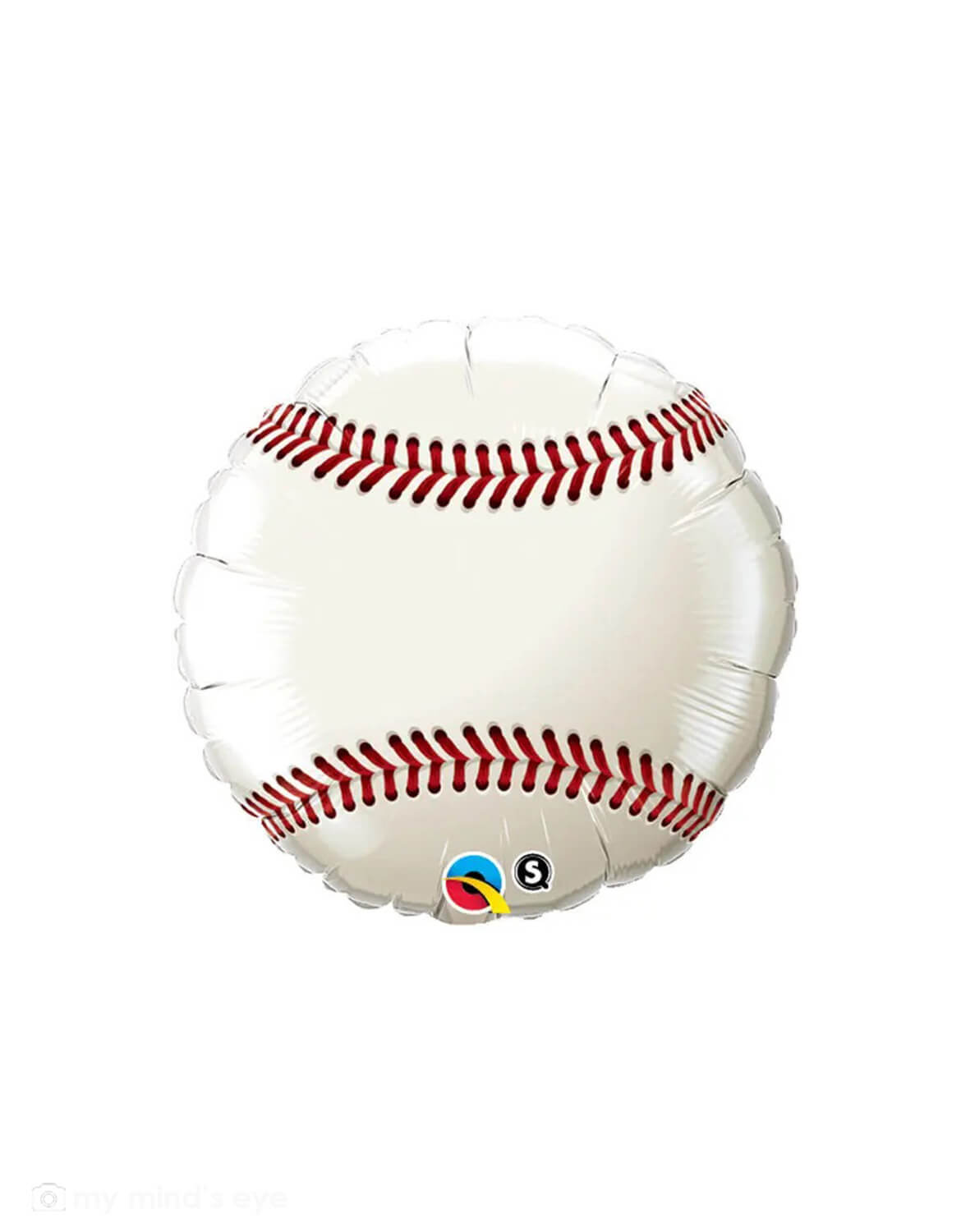 Momo Party's 18" baseball-shaped foil balloon with red stitching by Qualatex Balloons on a white background.